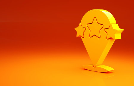Yellow Five stars customer product rating review icon isolated on orange background. Favorite, best rating, award symbol. Minimalism concept. 3d illustration 3D renderの写真素材