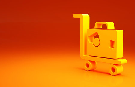 Yellow Hotel luggage cart with suitcase icon isolated on orange background. Traveling baggage sign. Travel luggage icon. Minimalism concept. 3d illustration 3D renderの写真素材