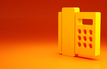 Yellow Telephone handset icon isolated on orange background. Phone sign. Minimalism concept. 3d illustration 3D renderの写真素材