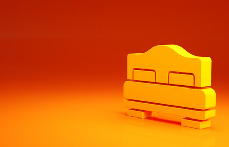 Yellow Hotel room bed icon isolated on orange background. Minimalism concept. 3d illustration 3D renderの写真素材