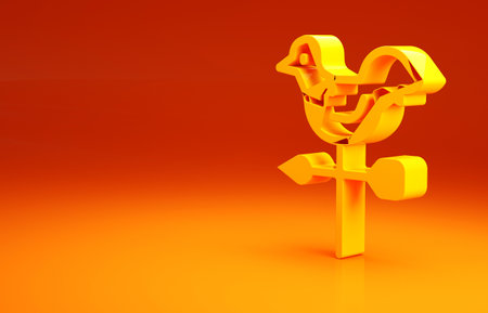 Yellow Rooster weather vane icon isolated on orange background. Weathercock sign. Windvane rooster. Minimalism concept. 3d illustration 3D renderの写真素材