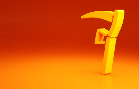 Yellow Scythe icon isolated on orange background. Happy Halloween party. Minimalism concept. 3d illustration 3D renderの写真素材