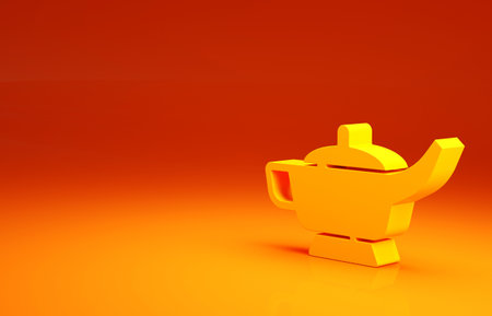 Yellow Magic lamp or Aladdin lamp icon isolated on orange background. Spiritual lamp for wish. Minimalism concept. 3d illustration 3D renderの写真素材