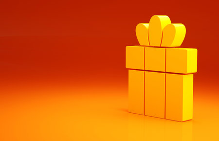 Yellow Gift box icon isolated on orange background. Merry Christmas and Happy New Year. Minimalism concept. 3d illustration 3D renderの写真素材