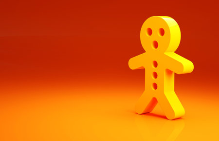 Yellow Holiday gingerbread man cookie icon isolated on orange background. Cookie in shape of man with icing. Minimalism concept. 3d illustration 3D renderの写真素材