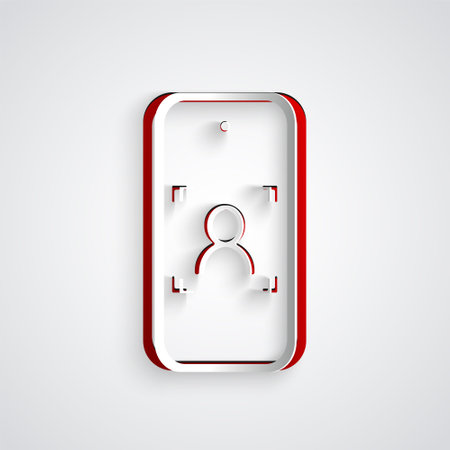 Paper cut Mobile phone and face recognition icon isolated on grey background. Face identification scanner icon. Facial id. Cyber security. Paper art style. Vectorのイラスト素材