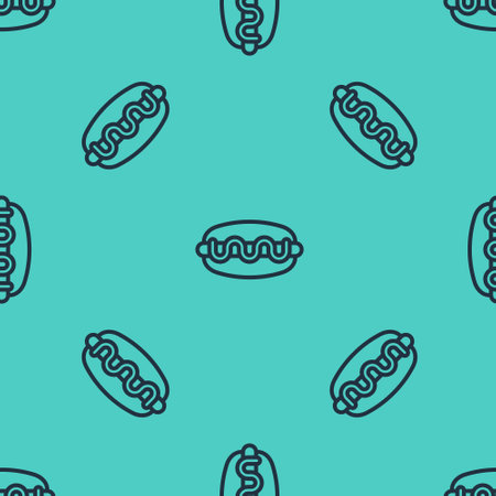 Black line Hotdog icon isolated seamless pattern on green background. Sausage icon. Fast food sign. Vectorのイラスト素材