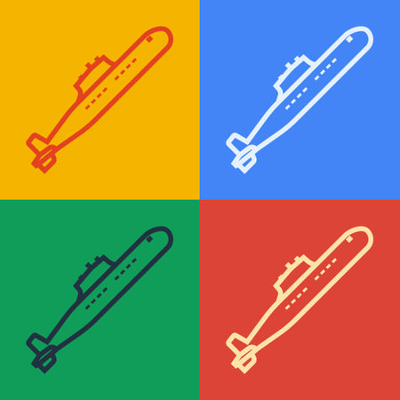 Pop art line Submarine icon isolated on color background. Military ship. Vectorのイラスト素材