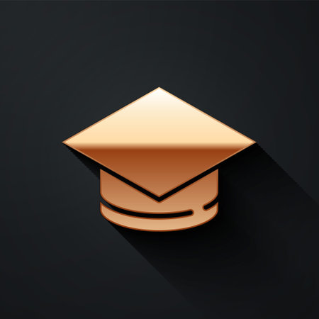 Gold Graduation cap icon isolated on black background. Graduation hat with tassel icon. Long shadow style. Vectorのイラスト素材