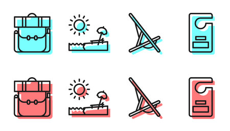 Set line Sunbed, Hiking backpack, Beach with umbrella and chair and Please do not disturb icon. Vectorのイラスト素材