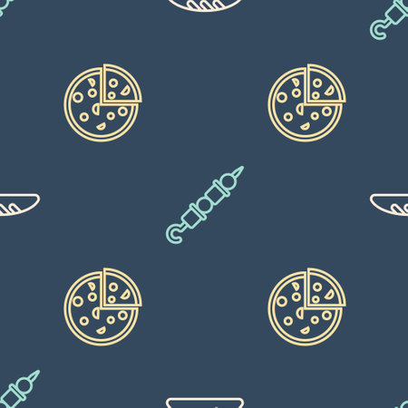 Set line Bread loaf, Pizza and Grilled shish kebab on seamless pattern. Vectorのイラスト素材