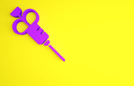 Purple Syringe icon isolated on yellow background. Syringe for vaccine, vaccination, injection, flu shot. Medical equipment. Minimalism concept. 3d illustration 3D renderの写真素材