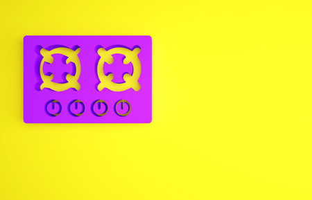 Purple Gas stove icon isolated on yellow background. Cooktop sign. Hob with four circle burners....