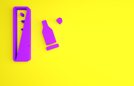 Purple Bullet casing as a piece of evidence placed with forensic ruler for documentation icon isolated on yellow background. Concept of crime scene. Minimalism concept. 3d illustration 3D renderの写真素材