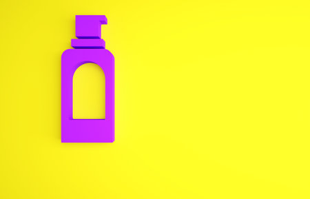 Purple Spray can for hairspray, deodorant, antiperspirant icon isolated on yellow background. Minimalism concept. 3d illustration 3D renderの写真素材