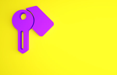 Purple Hotel door lock key icon isolated on yellow background. Minimalism concept. 3d illustration 3D renderの写真素材