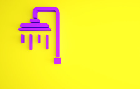 Purple Shower head with water drops flowing icon isolated on yellow background. Minimalism concept. 3d illustration 3D renderの写真素材