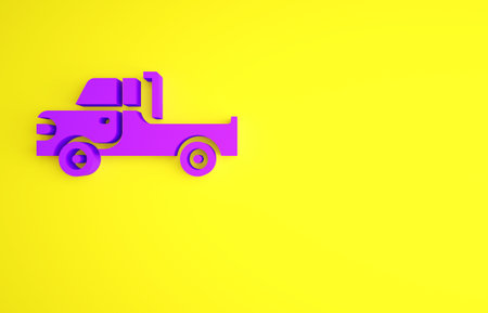 Purple Pickup truck icon isolated on yellow background. Minimalism concept. 3d illustration 3D renderの写真素材