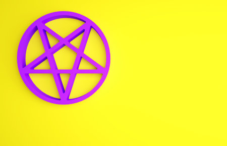 Purple Pentagram in a circle icon isolated on yellow background. Magic occult star symbol. Minimalism concept. 3d illustration 3D renderの写真素材