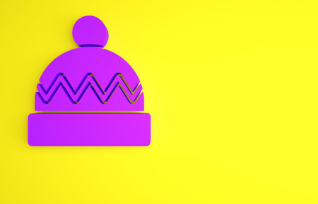 Purple Winter hat icon isolated on yellow background. Minimalism concept. 3d illustration 3D render.の写真素材