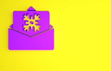 Purple Christmas postcard icon isolated on yellow background. Merry Christmas and Happy New Year. Minimalism concept. 3d illustration 3D renderの写真素材