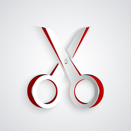 Paper cut Scissors icon isolated on grey background. Cutting tool sign. Paper art style. Vector Illustrationのイラスト素材