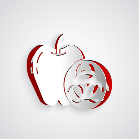 Paper cut Genetically modified apple icon isolated on grey background. GMO fruit. Paper art style. Vectorのイラスト素材