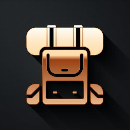 Gold Hiking backpack icon isolated on black background. Camping and mountain exploring backpack. Long shadow style. Vectorのイラスト素材