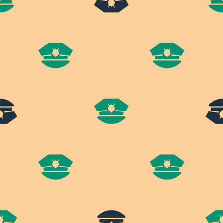 Green and black Police cap with cockade icon isolated seamless pattern on beige background. Police hat sign. Vectorのイラスト素材