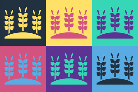 Pop art Cereals set with rice, wheat, corn, oats, rye, barley icon isolated on color background. Ears of wheat bread symbols. Vectorのイラスト素材