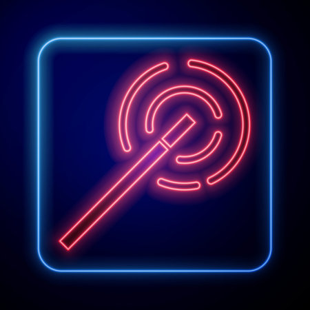 Glowing neon Magic wand icon isolated on blue background. Star shape magic accessory. Magical power. Vectorのイラスト素材