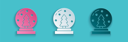 Paper cut Christmas snow globe with fallen snow and christmas tree icon isolated on blue background. Merry Christmas and Happy New Year. Paper art style. Vectorのイラスト素材