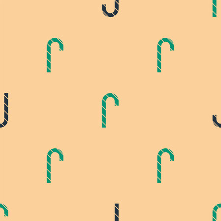 Green and black Christmas candy cane with stripes icon isolated seamless pattern on beige background. Merry Christmas and Happy New Year. Vectorのイラスト素材