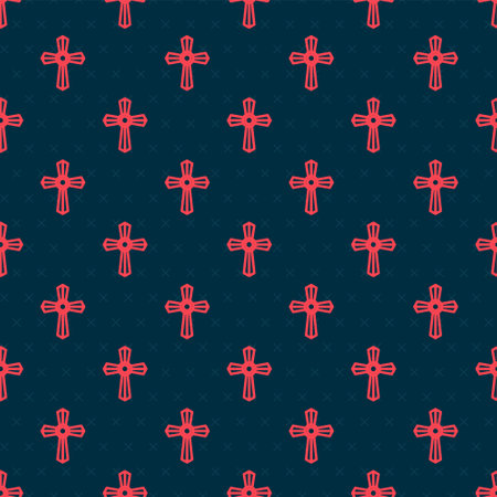 Red line Tombstone with cross icon isolated seamless pattern on black background. Grave icon. Vectorのイラスト素材