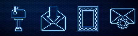 Set line Postal stamp, Mail box, Envelope, Envelope setting and Mail box. Glowing neon icon on brick wall. Vectorのイラスト素材