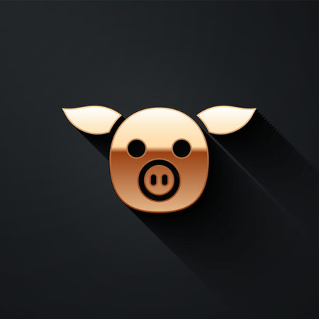 Gold Pig icon isolated on black background. Animal symbol. Long shadow style. Vectorのイラスト素材