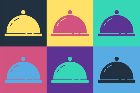 Pop art Covered with a tray of food icon isolated on color background. Tray and lid sign. Restaurant cloche with lid. Vectorのイラスト素材
