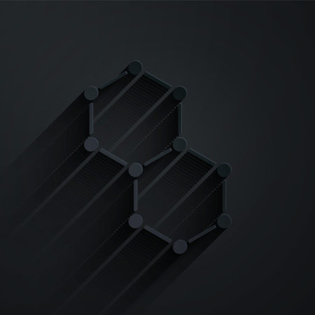 Paper cut Chemical formula icon isolated on black background. Abstract hexagon for innovation medicine, health, research and science. Paper art style. Vectorのイラスト素材