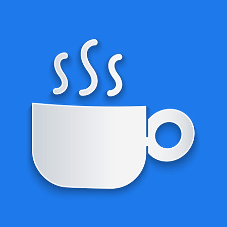 Paper cut Coffee cup icon isolated on blue background. Tea cup. Hot drink coffee. Paper art style. Vectorのイラスト素材