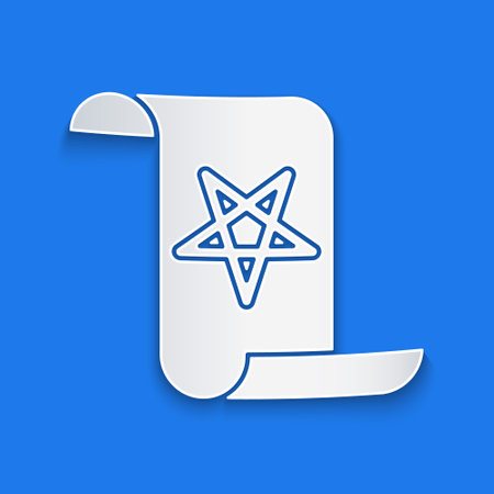 Paper cut Ancient magic book with alchemy recipes and mystic spells and enchantments icon isolated on blue background. Paper art style. Vectorのイラスト素材