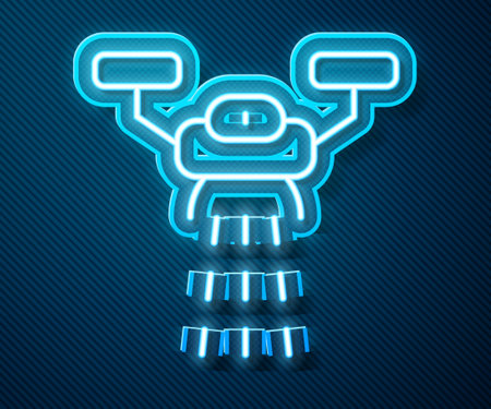 Glowing neon line Smart farm with drone control for seed planting icon isolated on blue background. Innovation technology for agricultural company. Vectorのイラスト素材