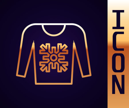 Gold line Christmas sweater with norwegian ornaments and holidays decorations icon isolated on black background. Knitted winter jumper. Vectorのイラスト素材