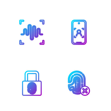 Set line Rejection fingerprint, Fingerprint with lock, Voice recognition and Mobile and face. Gradient color icons. Vectorのイラスト素材