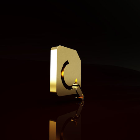 Gold Search concept with folder icon isolated on brown background. Magnifying glass and document. Data and information sign. Minimalism concept. 3d illustration 3D renderの写真素材