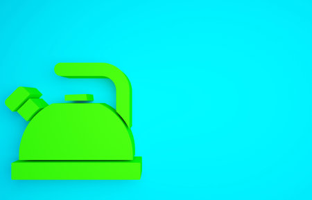 Green Kettle with handle icon isolated on blue background. Teapot icon. Minimalism concept. 3d illustration 3D renderの写真素材