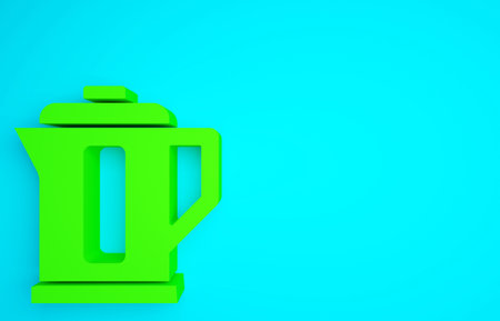 Green Electric kettle icon isolated on blue background. Teapot icon. Minimalism concept. 3d illustration 3D renderの写真素材