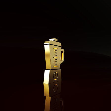 Gold Blender icon isolated on brown background. Kitchen electric stationary blender with bowl. Cooking smoothies, cocktail or juice. Minimalism concept. 3d illustration 3D renderの写真素材
