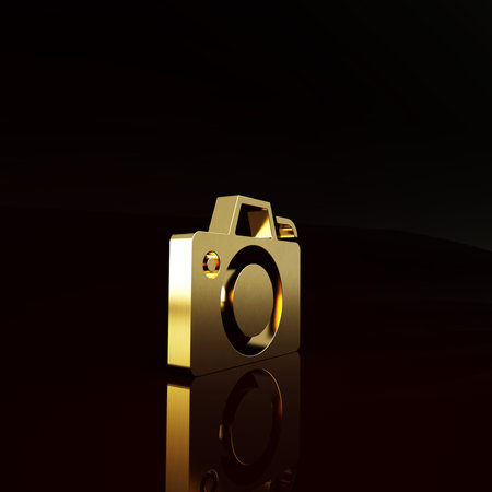 Gold Photo camera icon isolated on brown background. Foto camera icon. Minimalism concept. 3d...
