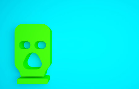 Green Balaclava icon isolated on blue background. A piece of clothing for winter sports or a mask for a criminal or a thief. Minimalism concept. 3d illustration 3D renderの写真素材
