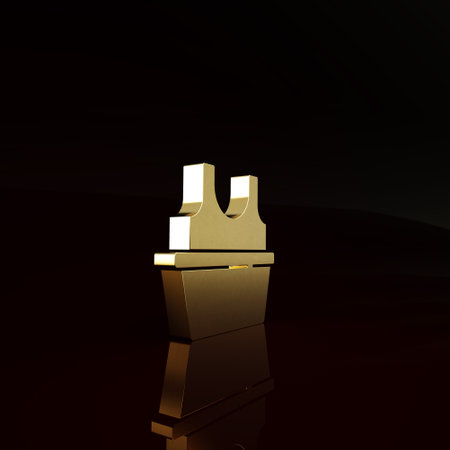 Gold Plastic basin with shirt icon isolated on brown background. Bowl with water. Washing clothes, cleaning equipment. Minimalism concept. 3d illustration 3D renderの写真素材